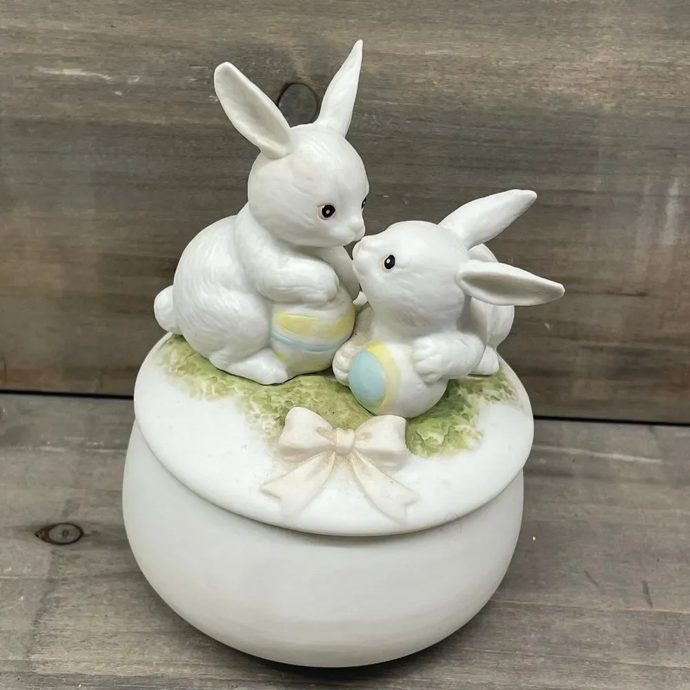 Vintage 1988 Arnart Royal Carlton Bunny Duo Easter Trinket Box Porcelain Dish